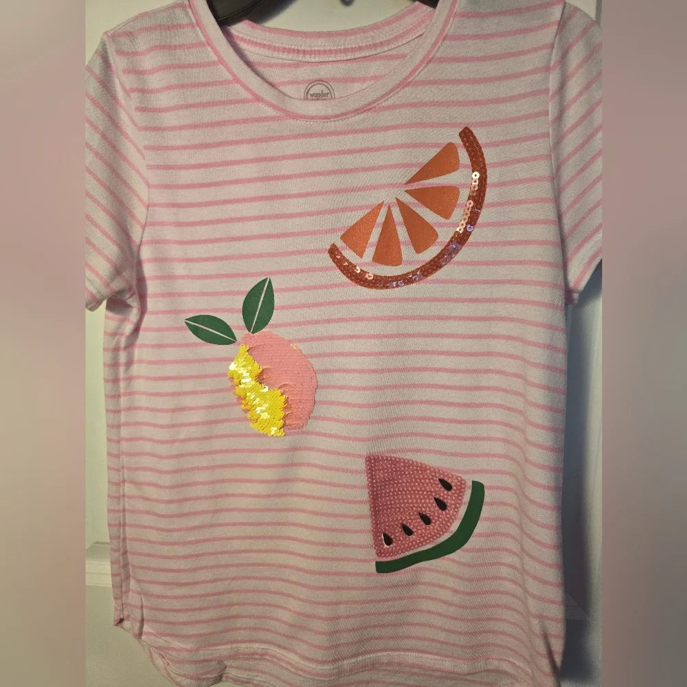 Wonder‎ Nation Pink Striped Tee with Color Change Fruit Accents